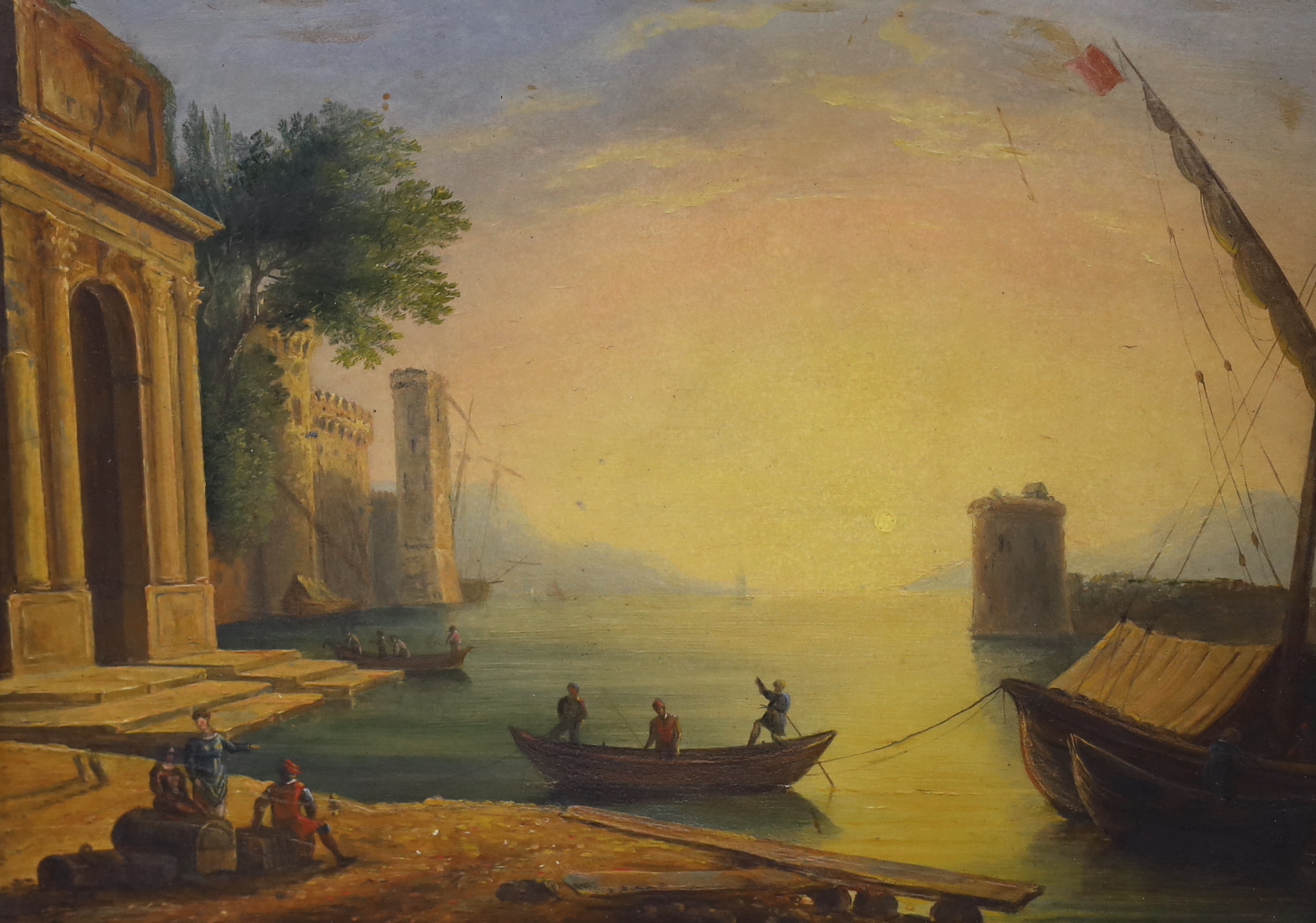 19th century Continental School, pair of oils on board, Harbour scenes with ruins and figures, gilt framed, 23 x 30cm